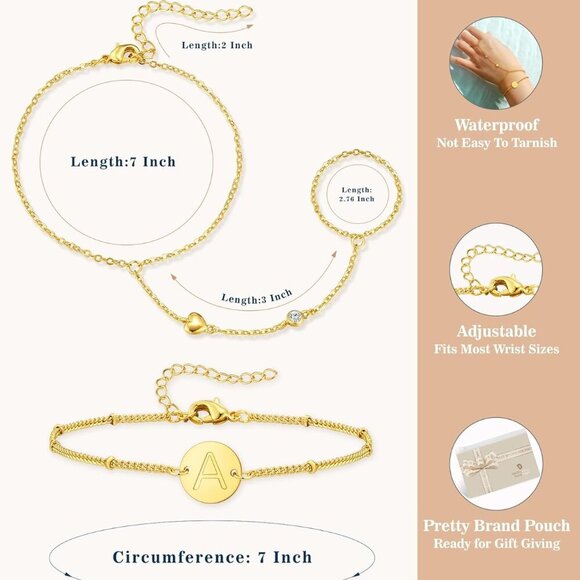 Gold Hand Chain Bracelet with Initial Charms 18K Gold Plated Jewelry for Women - Picture 4 of 5